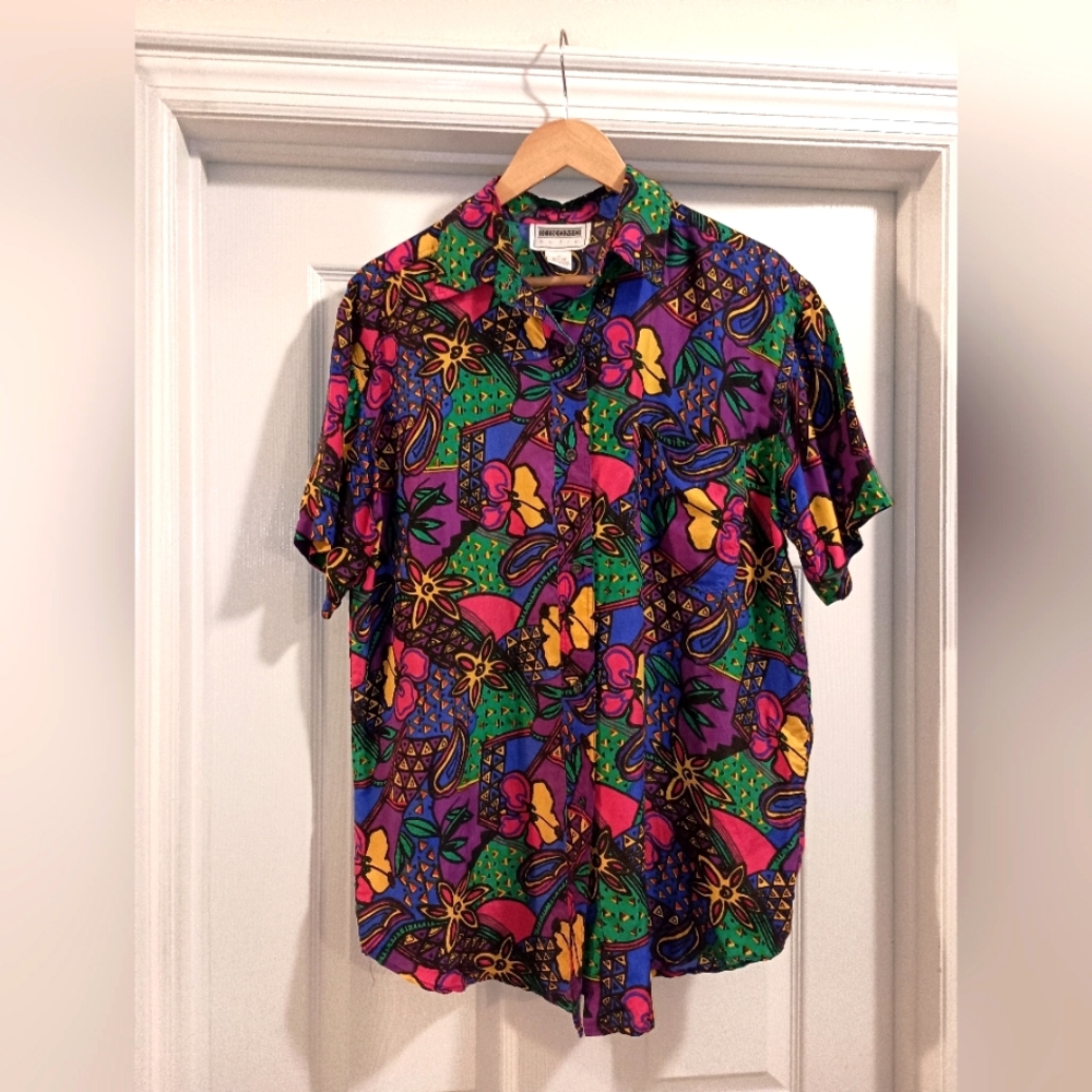 Kikomo Basic  Vintage Silk Hawaiian Women's Blouse Size Med